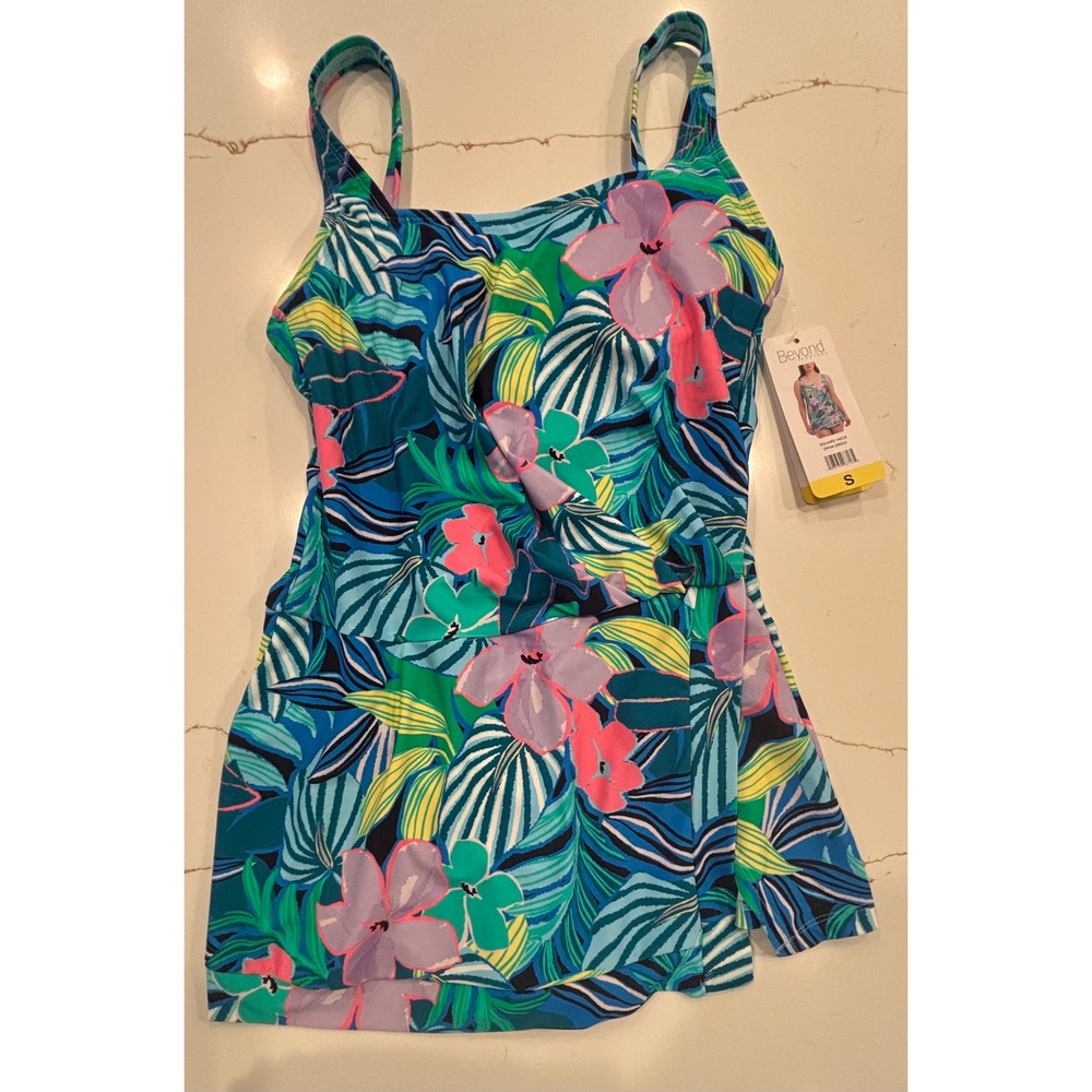 Beyond Control Size‎ Small Square Neck Swim Dress Womens Blue Tropical Floral - Picture 2 of 7